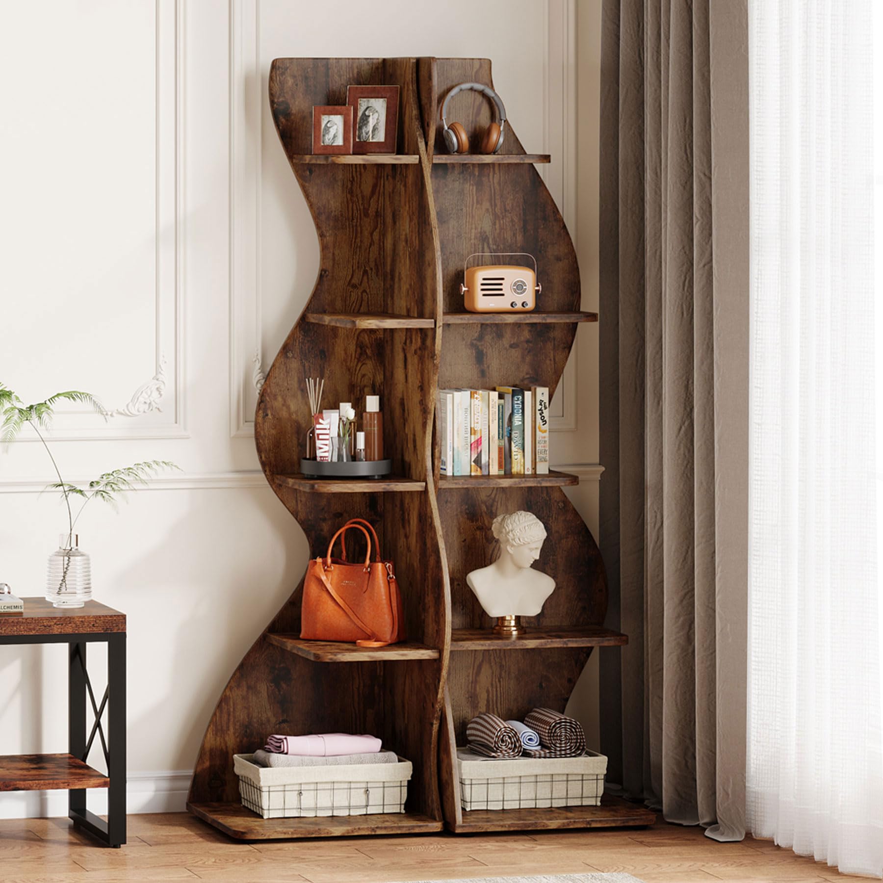 Tribesigns Wavy Corner Shelf Set of 2, Modern 5-Tier Bookshelf Etagere Bookcase with Curvy Shape, Unique Plant Stand Display Shelf for Living Room Small Space (Brown)