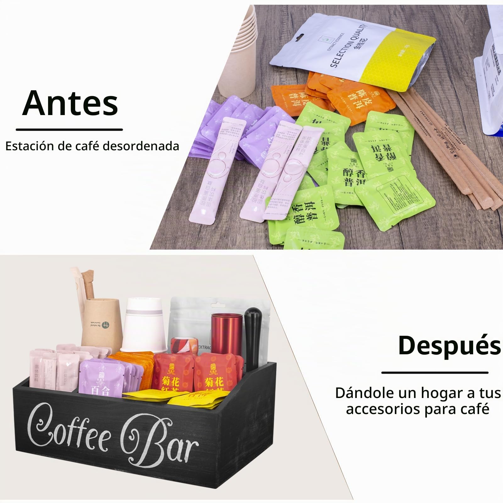 Organizador de Café y Té-Caja de Madera para Accesorios de Cafetera-Caja Infusiones -Caja de Te -Bandeja con de madera 4 Compartimentos para Infusiones Azucarillos Tazas Cápsulas (Negro)