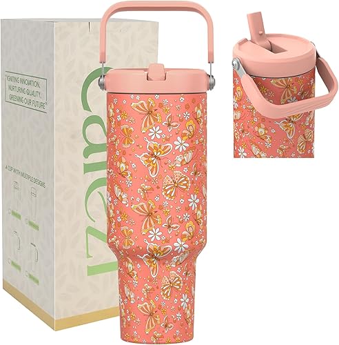 Miniatura 23 de Vaso de 40 onzas con tapa y pajilla, de acero inoxidable aislado al vacío con popote abatible y asa superior, botella de agua aislada reutilizable