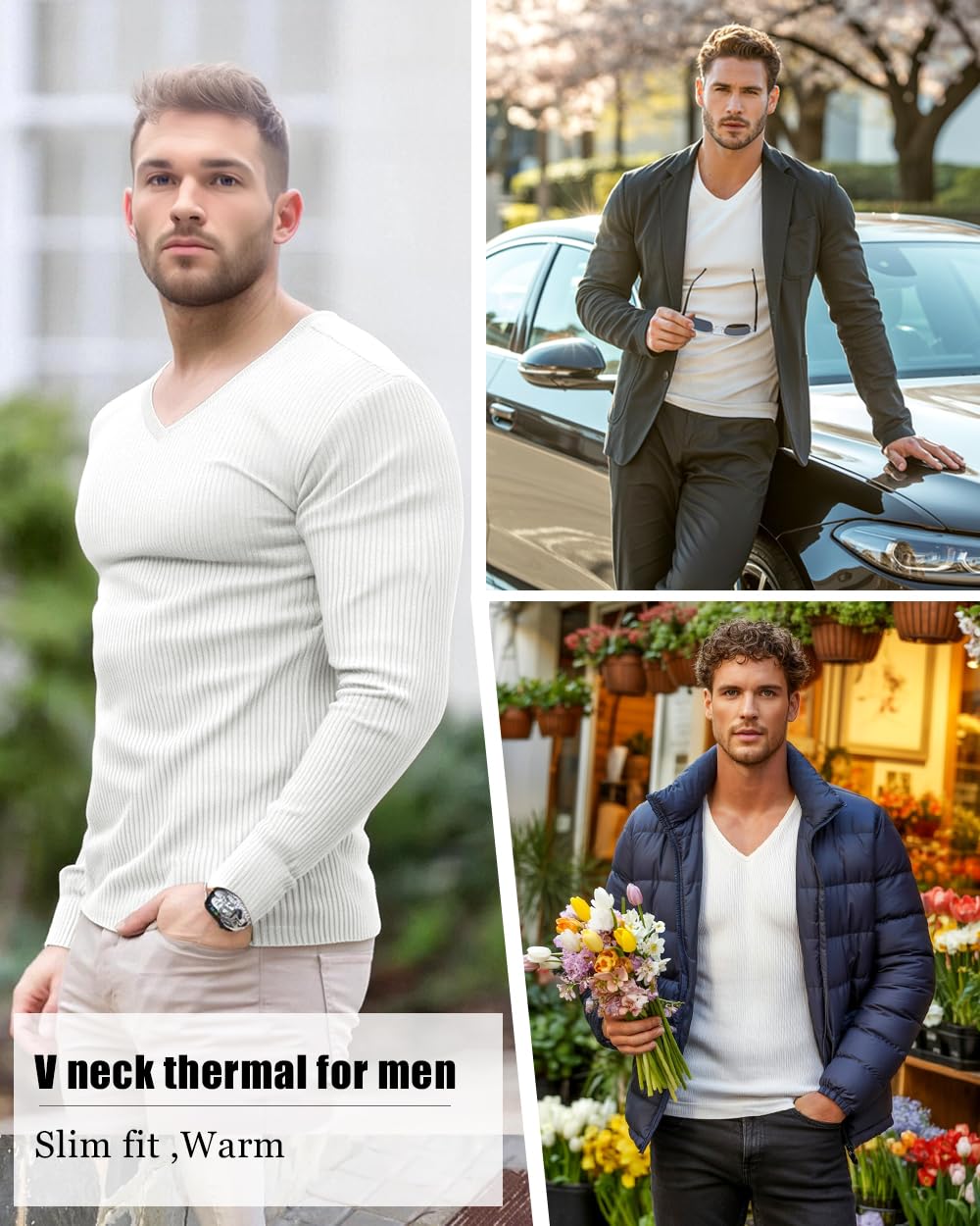 Lehmanlin-Haut Thermique Homme,Maillot de Corps à Manches Longues,sous-Vêtements Chauds Automne Hiver,Maille Interlock,Col en V - S-XXL