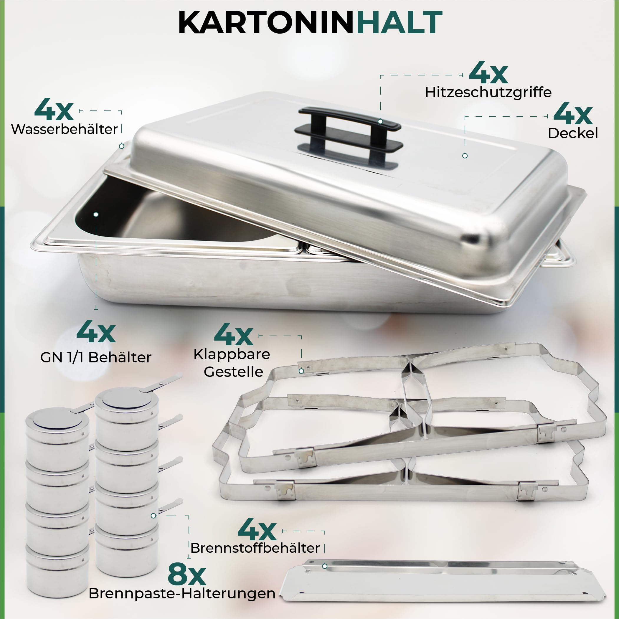 Set mit 4 Speisenwärmern LEUTHERIA - Chafing Dish aus lebensmittelechtem Edelstahl für Buffet/Professionelles Wasserbad/Warmhaltebehälter/Catering/Hotel/Restaurant - Edelstahl SS201
