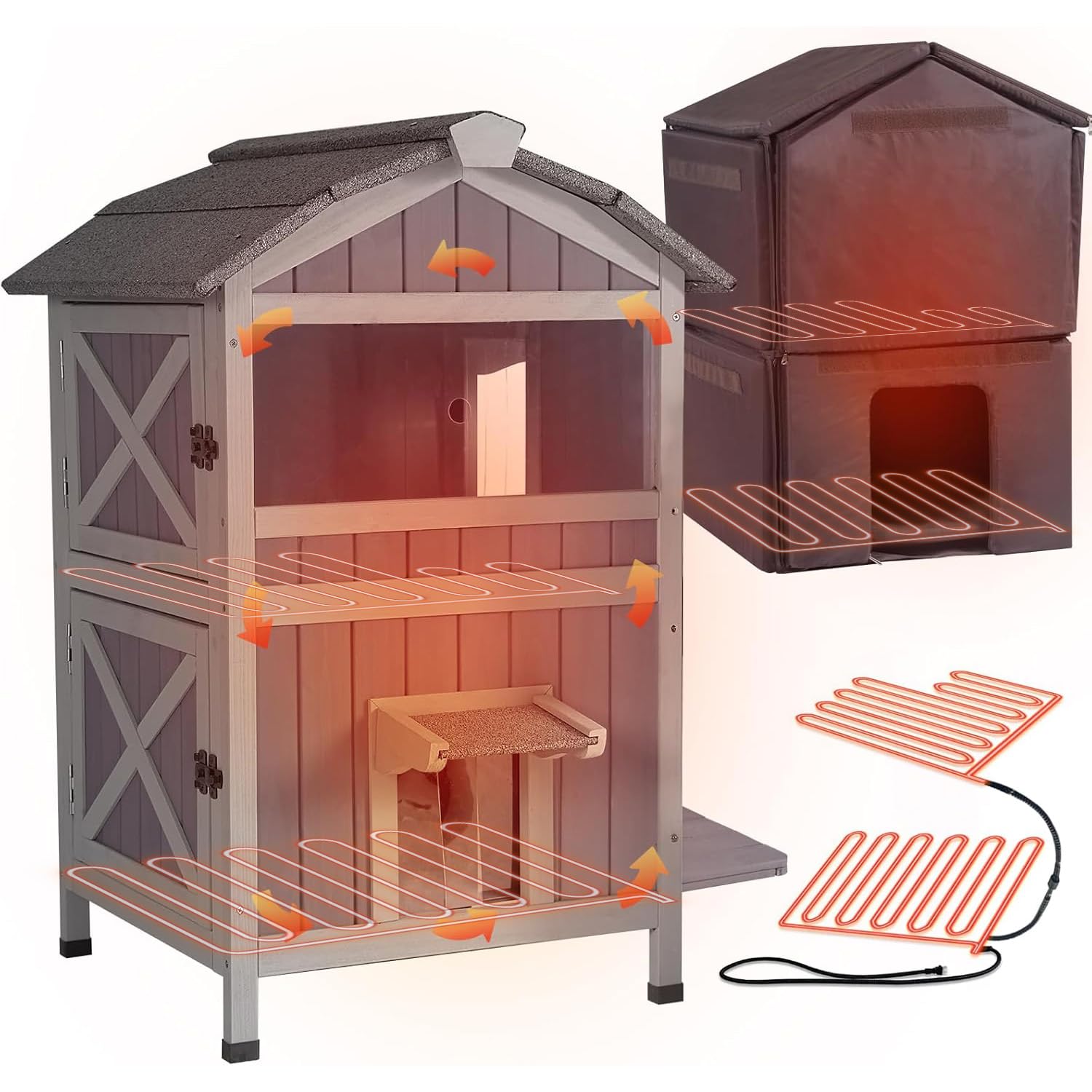 Wooden Dog House for Dogs Cats Outdoor Indoor Pet House for Dogs Cats Rabbits and Other Small Animals (Classic, 2 Levels Curved Top Heated)