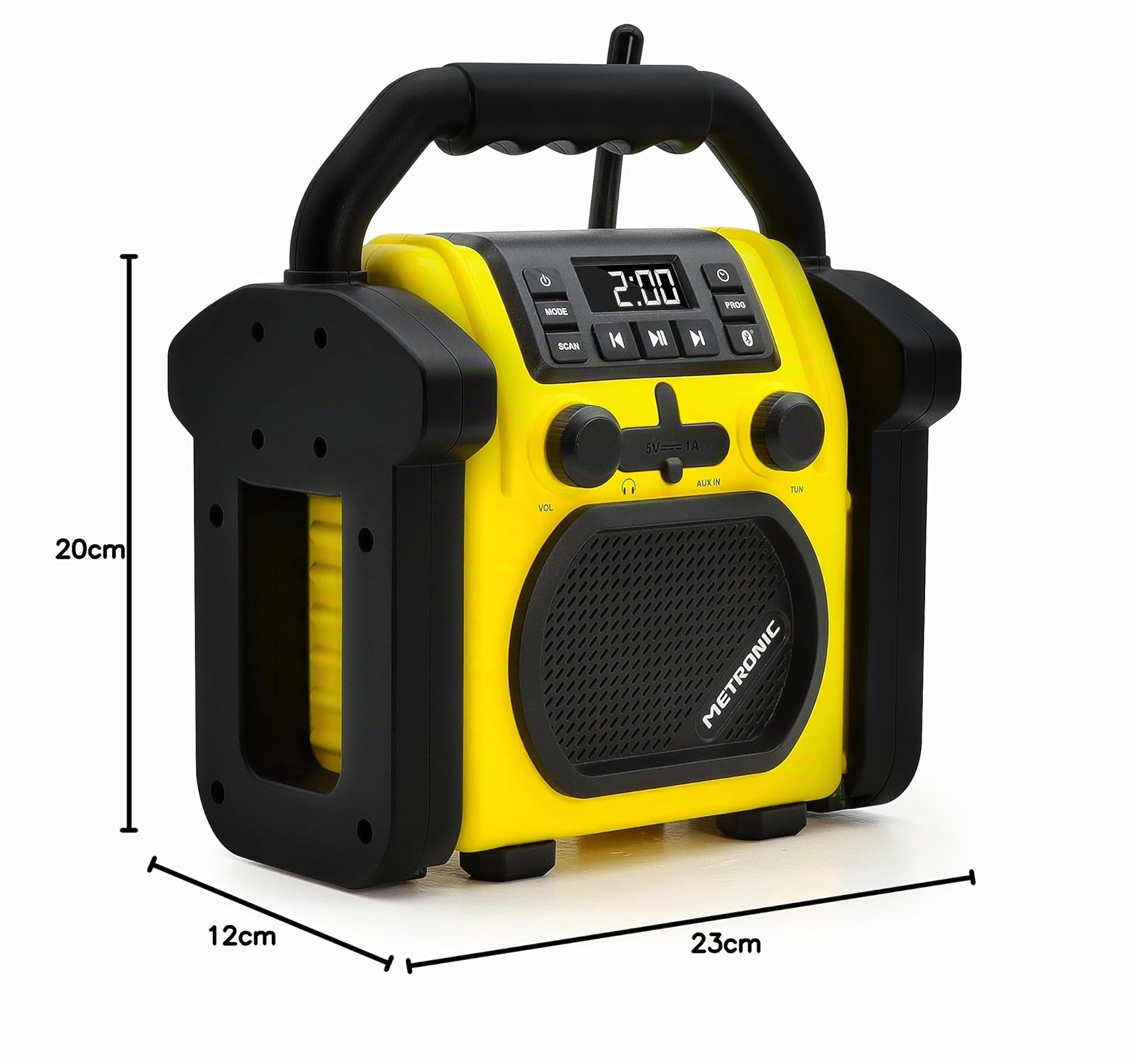 Metronic 477217 - Radio de Obra FM, Bluetooth, powerbank, protección IP54, Resistente a Golpes, Polvo y Salpicaduras, Potencia Musical Total 30 W, USB, alimentación eléctrica ó Pilas