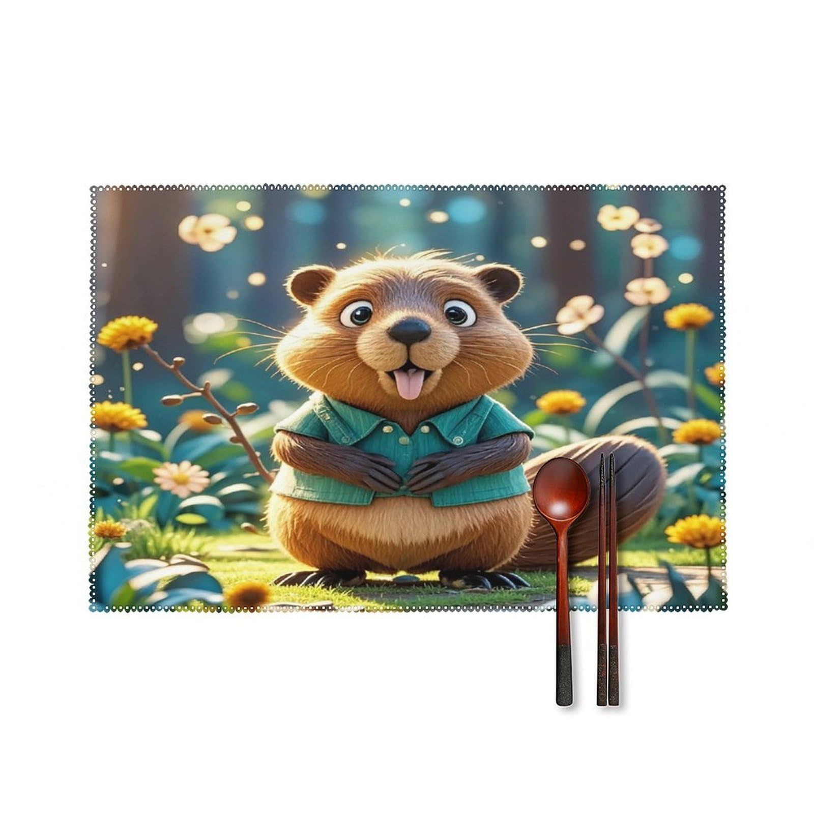 Cartoon Animated Beaver Placemats Washable Canvas Place Mats Decoration Placemat for Dining Table Easy to Clean Tables Mat Set of 6 for Kitchen Dining Room Coffee Table