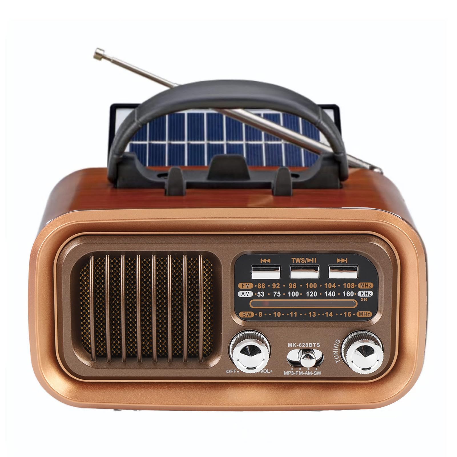 Jectse Retro Radio with Speaker, Portable AM FM Shortwave Solar Powered Rechargeable Vintage Radio, with USB Memory Card Playback and, for Outdoor Camping Home Decor (Gold)
