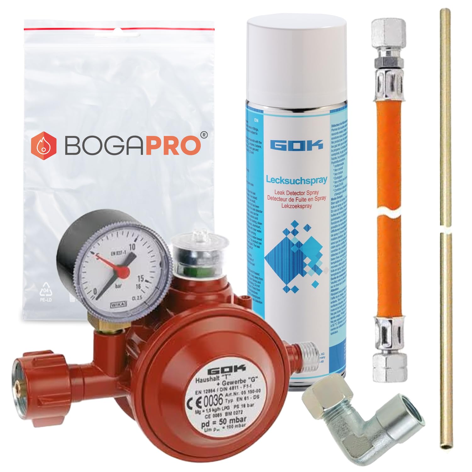 Gasdruckregler 50 mbar Set für Herd oder Ofen mit Niederdruckschlauch 40 cm lang, Stahlrohr 40 cm lang, 90° Winkel. inkl. Polybeutel und Lecksuchspray