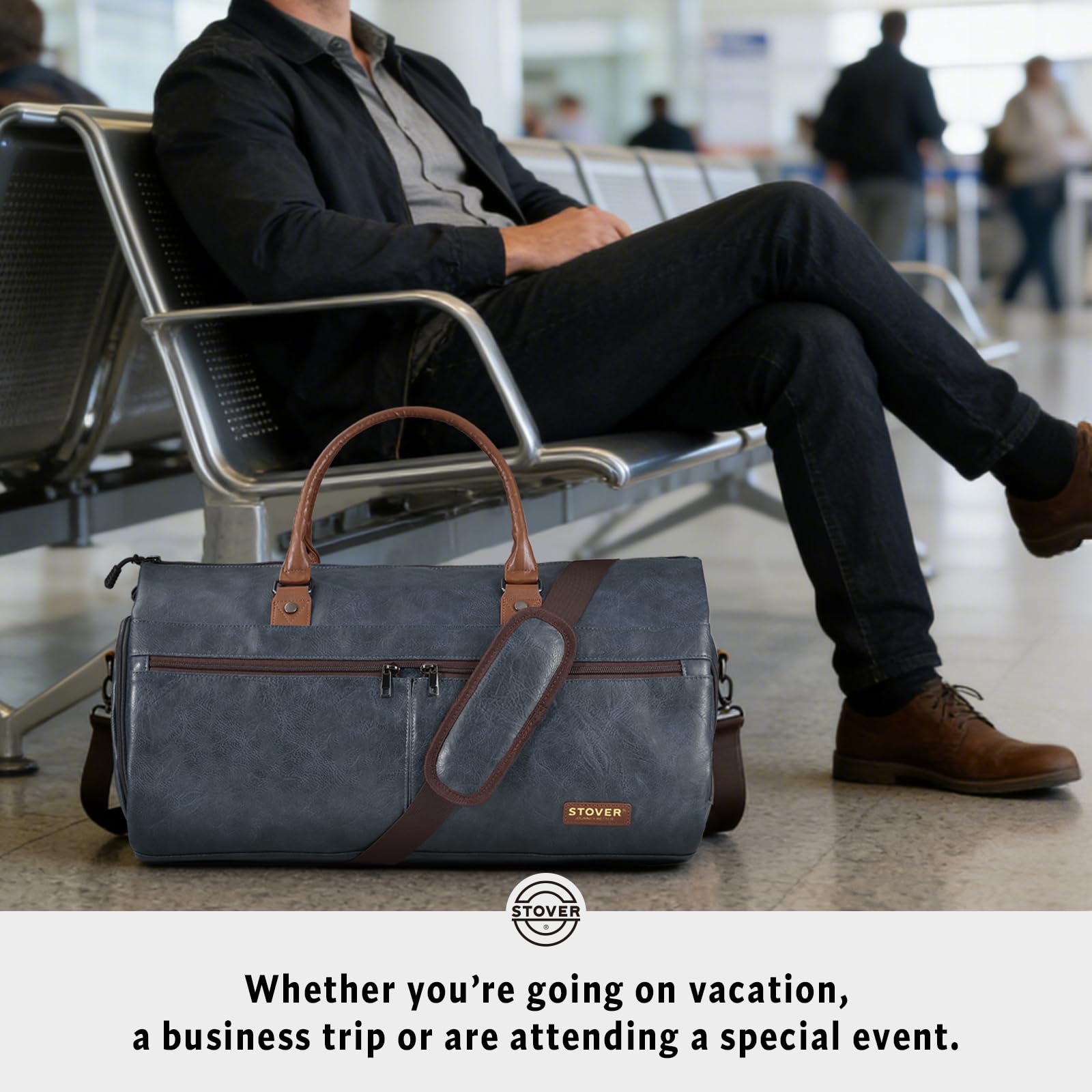 STOVER Garment - Bolsa de viaje grande 2 en 1, equipaje de mano convertible para hombres y mujeres, trajes colgantes, vestidos y ropa + compartimento para zapatos, bolsa de fin de semana (cuero azul),
