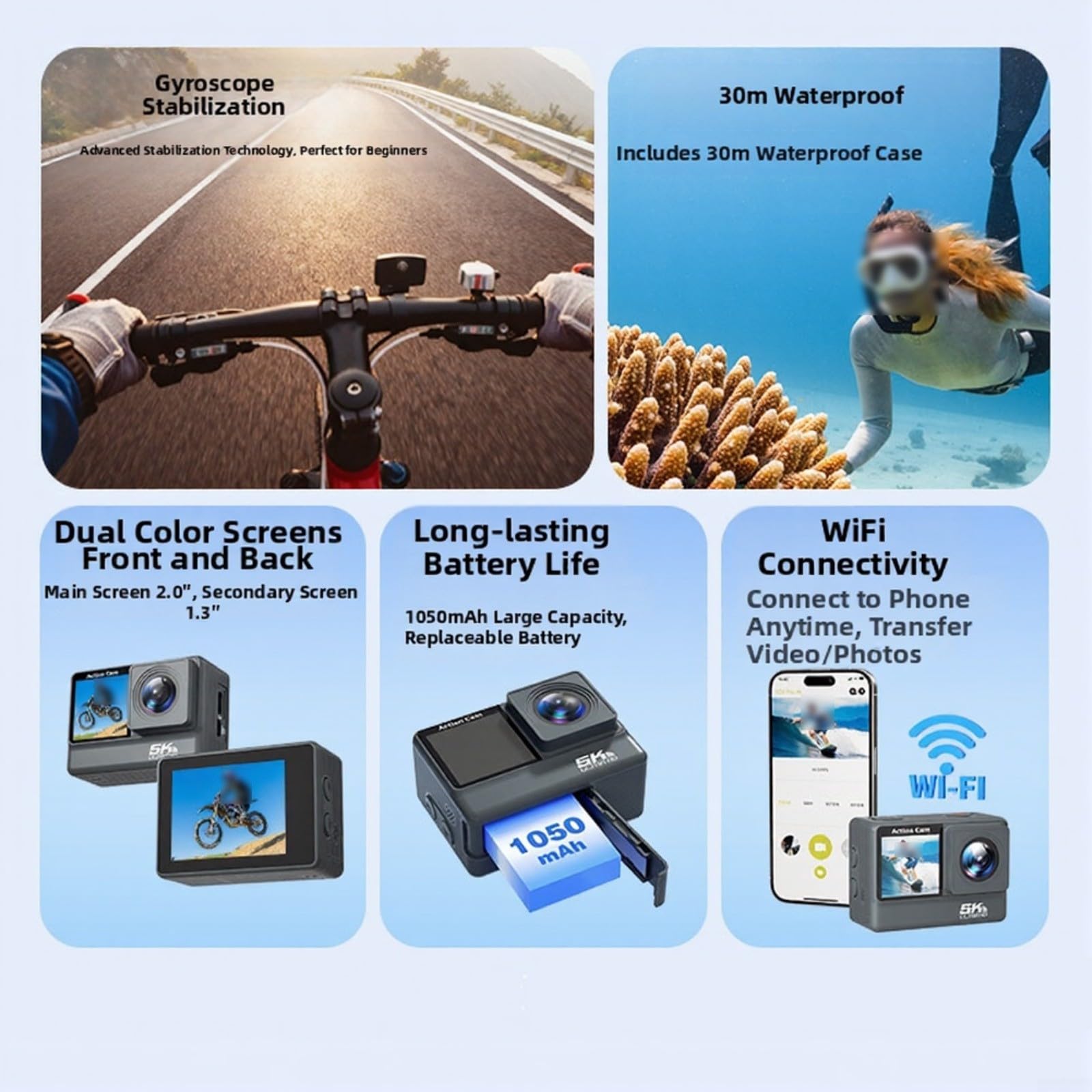 Action Camera 5K HD, leggera e stabilizzata, per ciclismo e avventure all'aria aperta, colore grigio