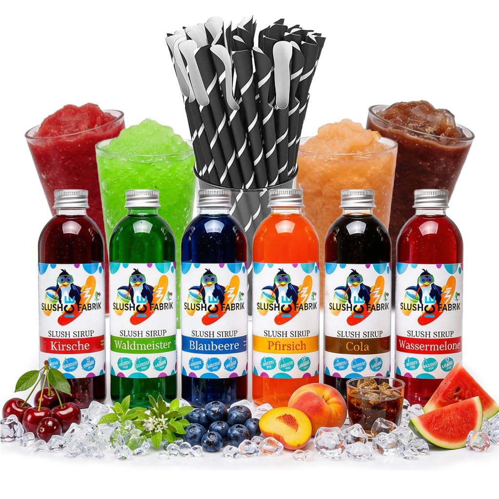 Sirup Partyset 6 x 250ml und 125 Löffelstrohhalme für Slush, Getränke Hergestellt ohne AZO und Glycerin | Slushy selber machen | Slushmaschine Aroma Konzentrat 1:5, Perfekt für Ninja Slushy Maschine