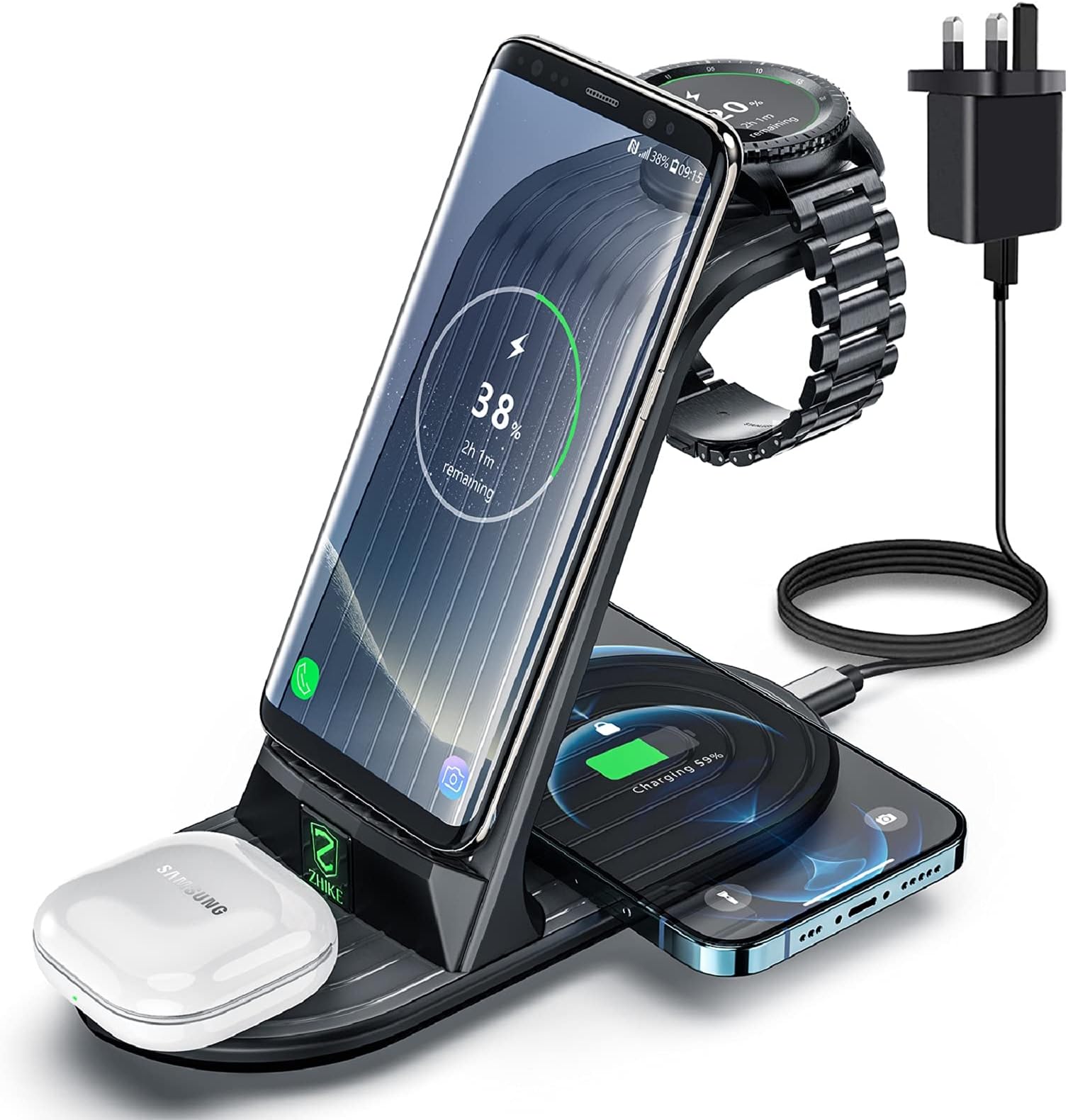 Wireless Charger, ZHIKE 4 in 1 Charger Station with QC3.0 Adapter 10W Fast Charging Compatible with iPhone 13/12/11 Pro Max, Samsung S21/ S10+, Galaxy Watches 4 classic/4 and Galaxy Buds