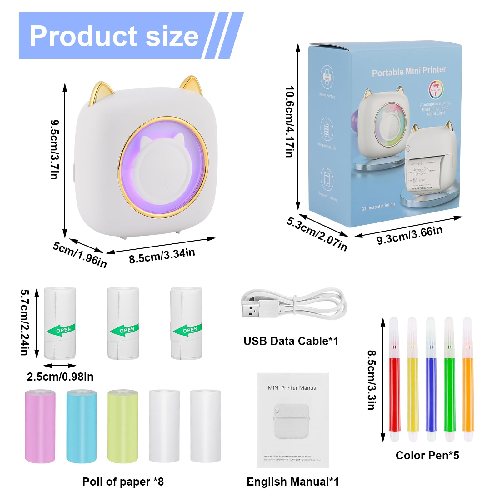 GuKKK Mini drukarka, mobilna drukarka fotograficzna, przenośna, mini drukarka fotograficzna z siedmioma kolorami LED, bezprzewodowa drukarka fotograficzna, drukarka termiczna do smartfona, drukarka