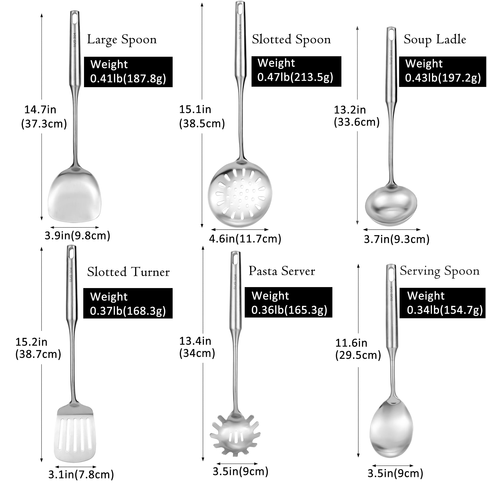 Juego de utensilios de cocina de acero inoxidable 18/8, 6 piezas de 15 pulgadas de largo, juego de utensilios de cocina de metal con espátula, cucharón profundo, cuchara, skimmer, servidor de pasta,