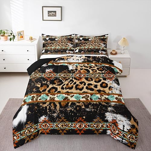 Erosebridal Juego de edredón con estampado de guepardo, juegos de ropa de cama occidental tamaño completo, edredón azteca exótico de piel de vaca en