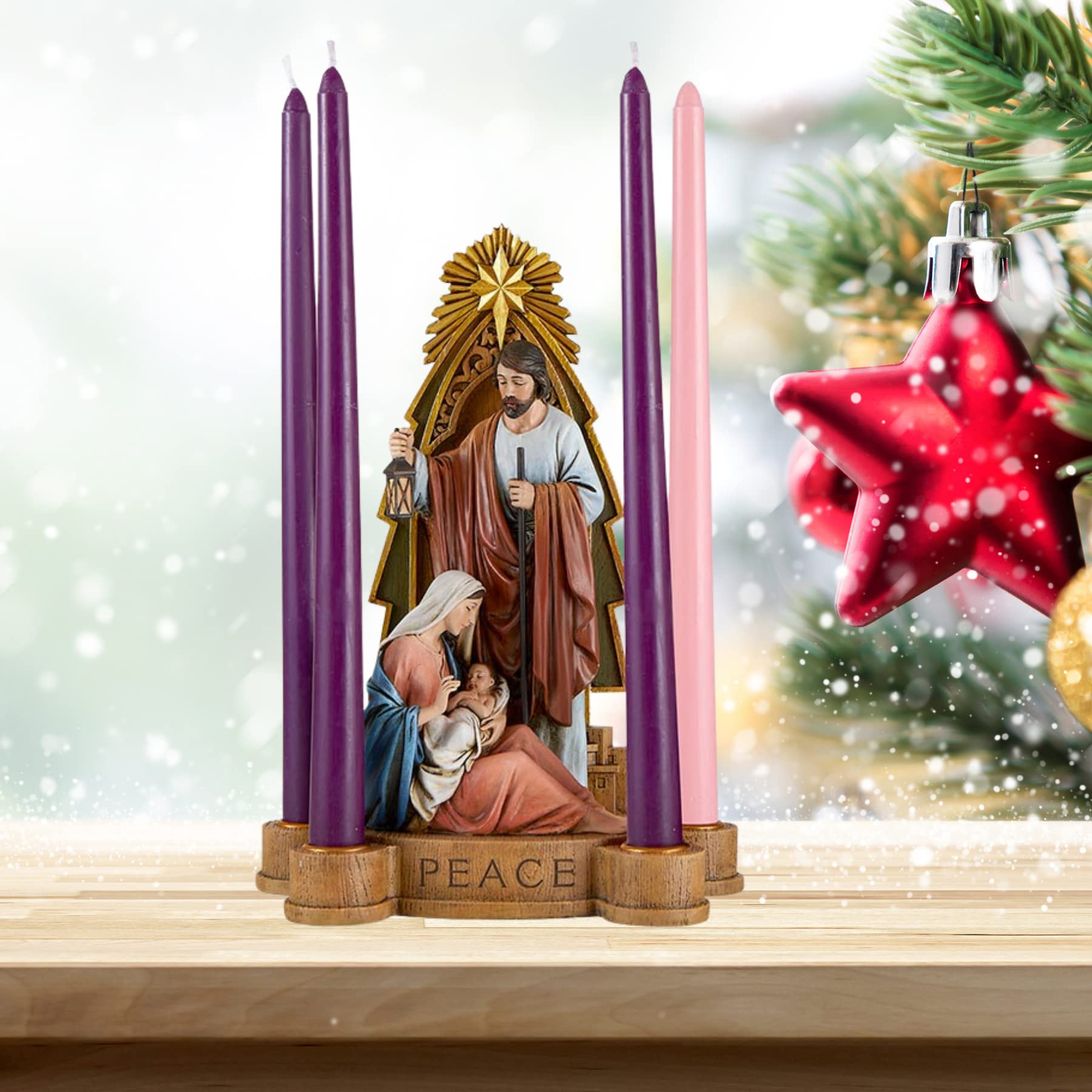 Good News - Portavelas de Adviento de la Sagrada Familia con Escrituras grabadas, figura religiosa de Navidad para interiores, decoraciones de Navidad para el hogar, 10.75 pulgadas