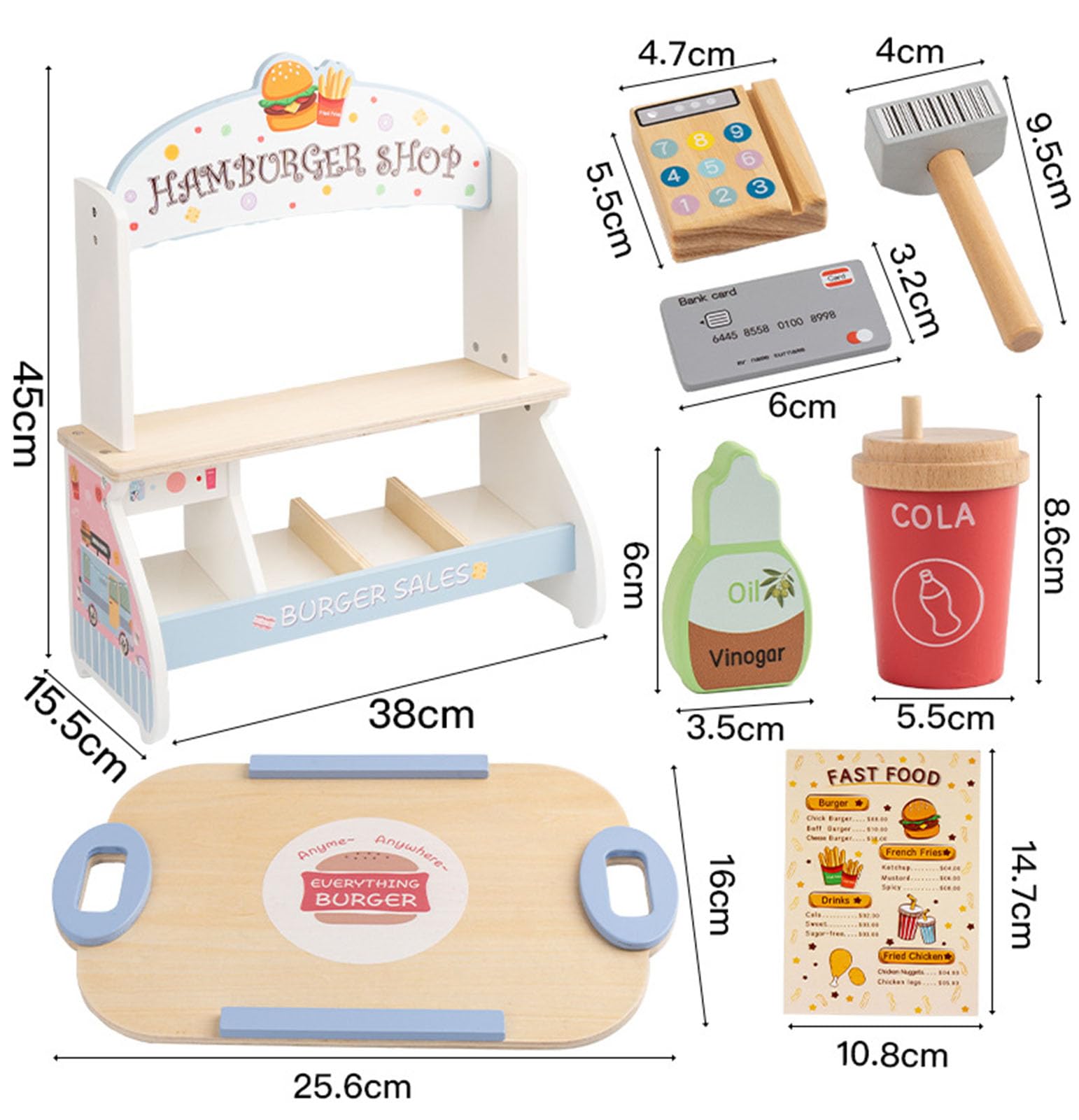 Set di Gioco con Negozio di Hamburger in Legno, Stand di Fast Food per Bambini con Accessori, Giocattolo da Ristorante per Gioco di Finzione