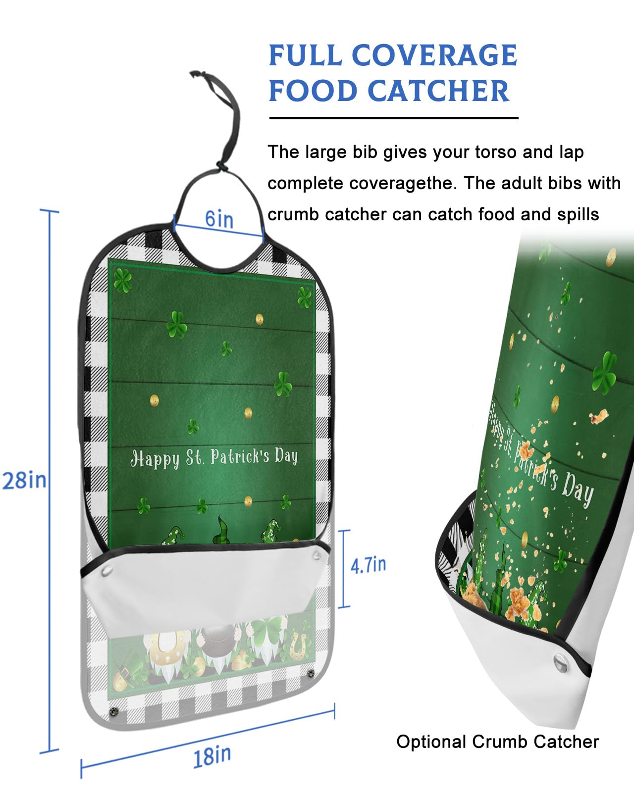 St. Patrick's Day Adult Bibs for Eating, Waterproof Bibs with Food Catcher & Adjustable Snap Closure, Black White Checkered Gnomes Clover Gold on Green Wood Clothing Protectors Adult Bibs for Elderly