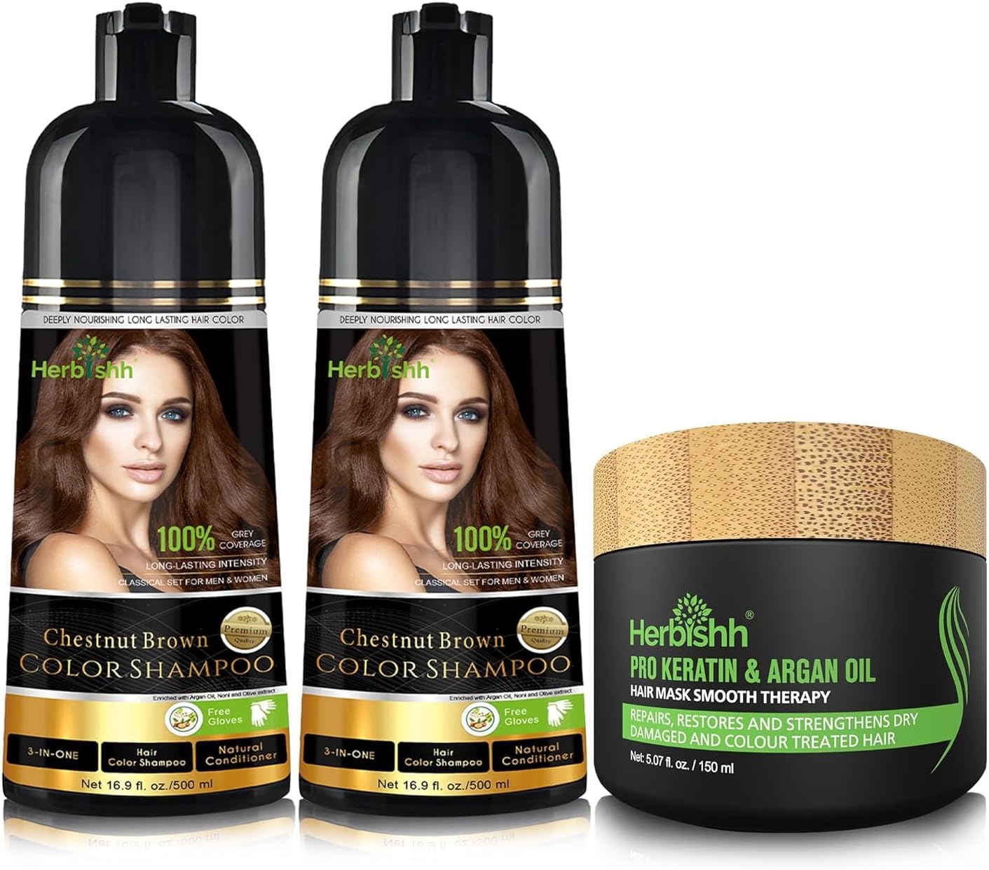 Combo Pack-2pcs Herbishh Hair Color Shampoo for Gray Hair+ 1pc Argan Intense Hair Mask- Hair Dye Shampoo – Colors Hair in Minutes – Long-lasting color– 500 Ml –Stimulates Dry Frizzy Hair (Chestnut Brown)