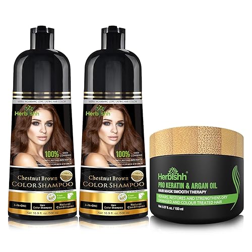 Miniatura 1 de Herbishh Ultimate Hair Color Shampoo Kit (2 piezas de champú de color castaño castaño + 1 máscara de cabello Argán) para cabello gris, champú de