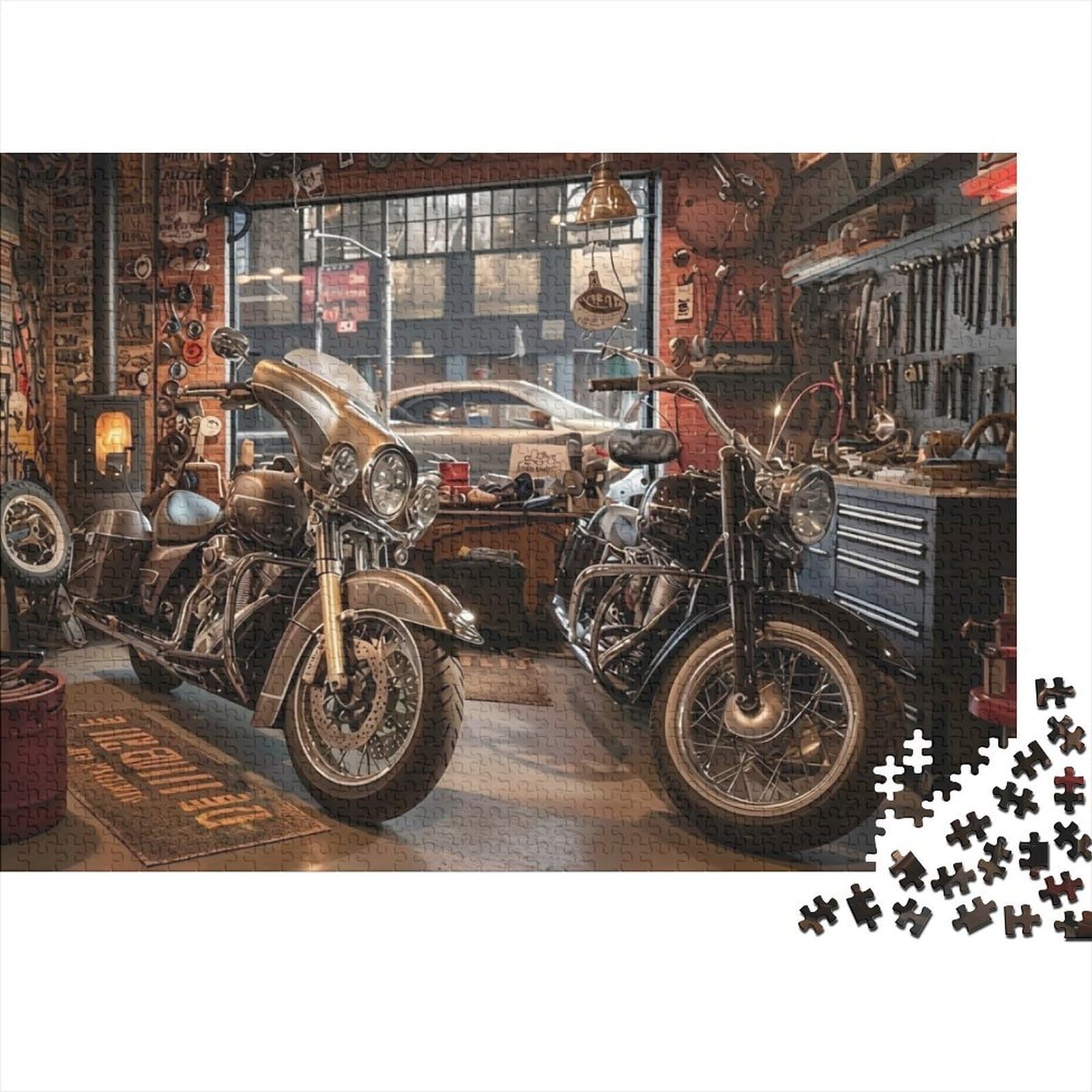 Vintage Motorcycle Garage 1000 Piece Recycled Cardboard Vintage Motorcycles Jigsaw Puzzle for Adults Anxiety Relief Toy for Wall Decoration And Gift Classic Great Gift Idea for Traditional Puzzle Fans