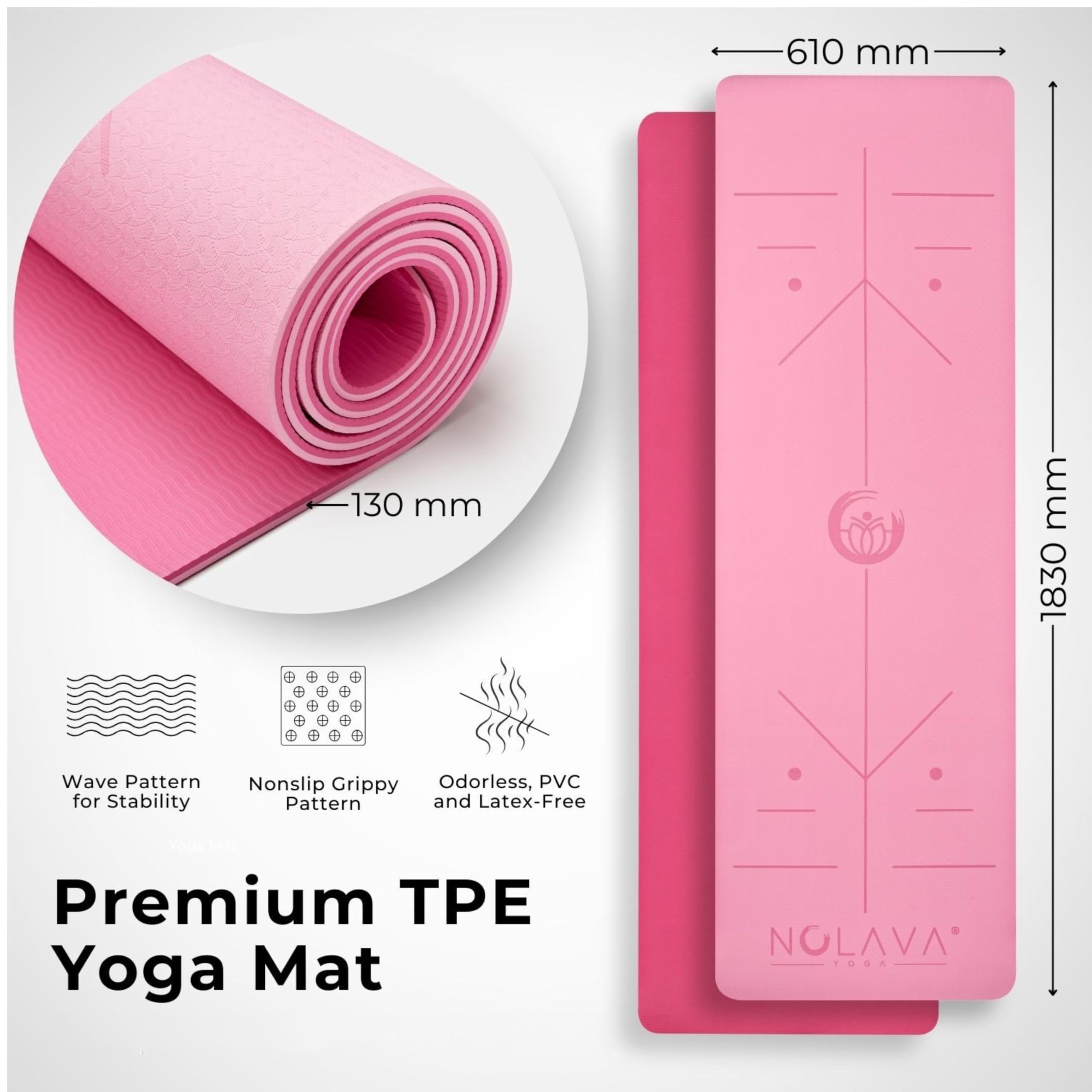 Nolava - Juego de 6 alfombrillas de yoga TPE color rosa | Rodilleras de TPE | 2 bloques de yoga | Correa elástica para yoga | Banda para esterilla de yoga
