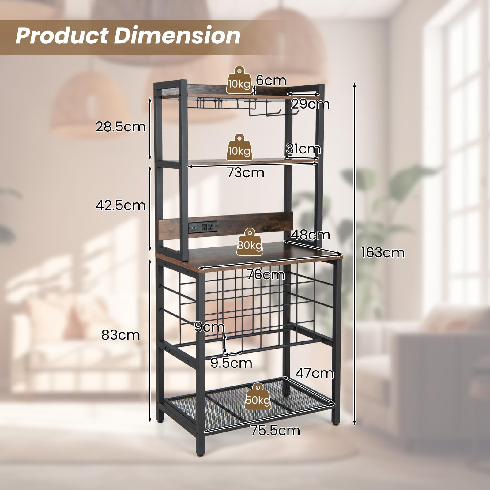 GIANTEX Scaffale Da Cucina Con Prese e Porte Usb, Armadietto Per Vino Con Supporto In Vetro Per 24 Bottiglie e 9 Bicchieri, Scaffale a 4 Livelli, 76 x 48 x 163 cm