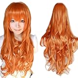 Hair Cap + 32 in/80 cm Orange Long Wavy Cosplay Wig for Women Orange Cosplay Wig with Bangs for Costume Halloween Party Long Ginger Wavy Wigs with Bangs