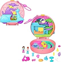 Polly Pocket-Puppen und Spielset, Adventure Moped-Schatulle, Reisespielzeug mit 2 kleinen Puppen und Tier, Zubehörteile für Tier und Fahrzeug, HWN98