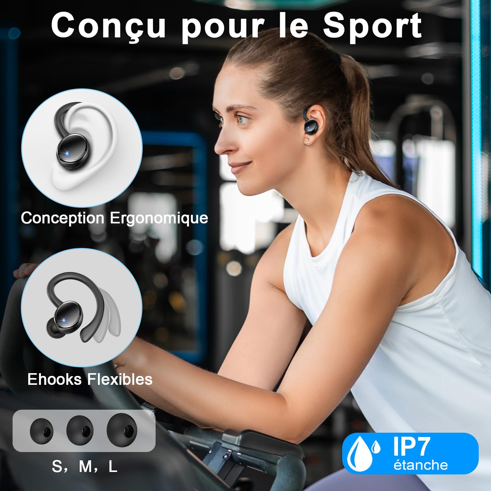 Ecouteurs Bluetooth sans Fil Sport, 2026 Écouteur Bluetooth 5.4 avec HiFi Stéréo, 50H Écouteur Bluetooth 4 ENC Réduction Bruit Mic, Écran LED Casque pour Running, IP7 Étanche Oreillette Bluetooth