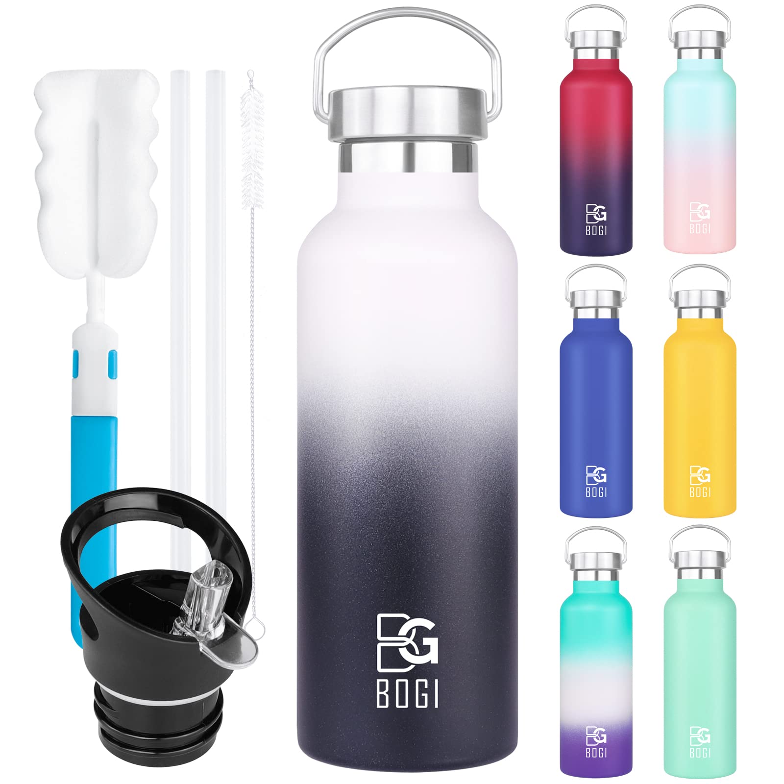 BOGI 20oz Insulated Stainless Steel Water Bottle with Straw and Handle - Leakproof BPA Free for School Fitness
