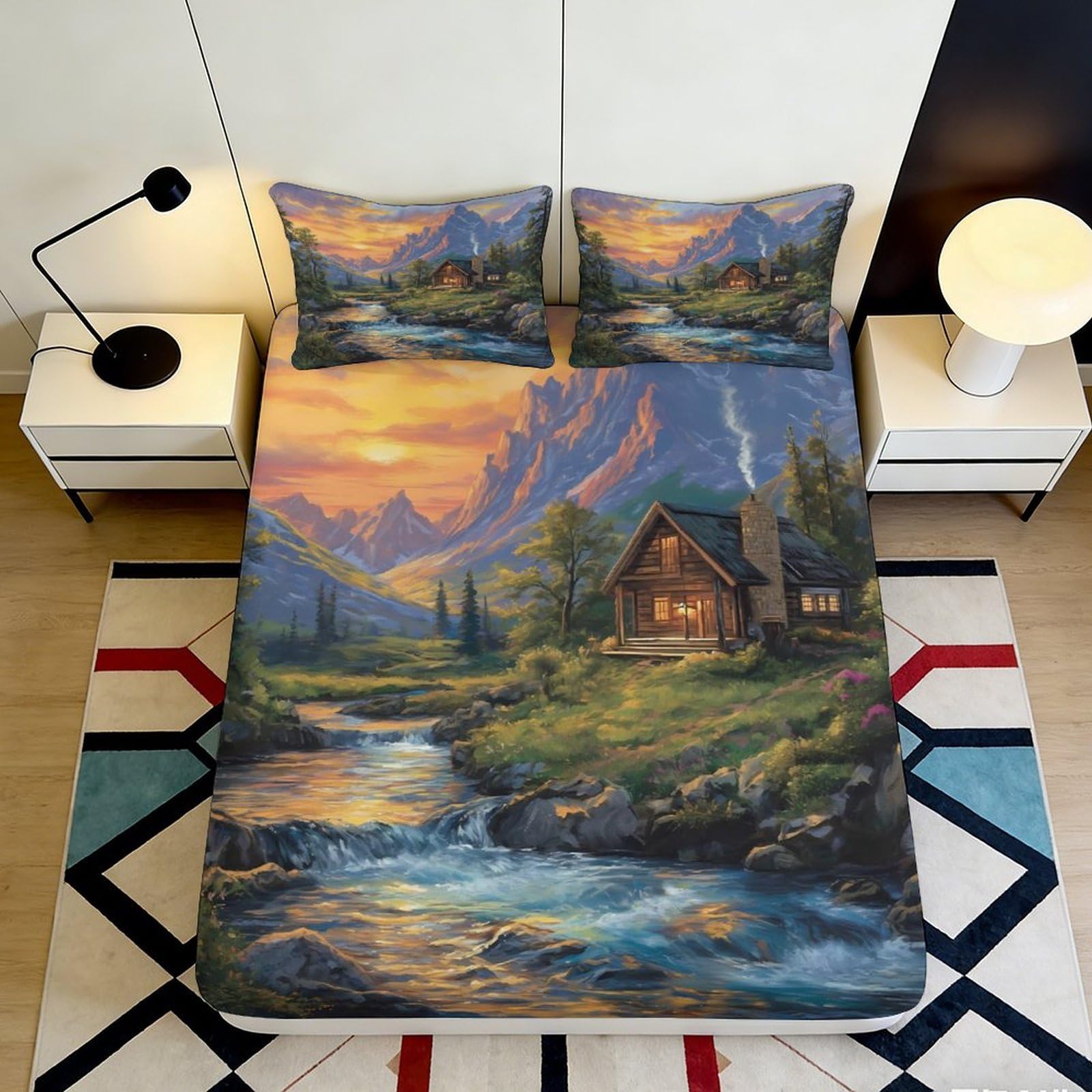 3D Printed Mountain Landscape Fitted Sheet Microfiber Soft Breathable Cabin River Bed Cover for Bedroom Dormitory Guest Room Mattress Protection Decor 160x200x25cm