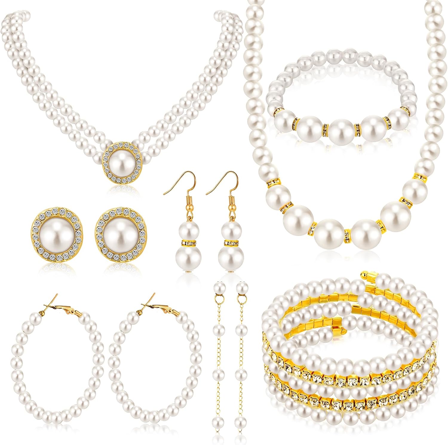 Bonuci 12 Pcs Women Pearl Jewelry Set Pearl Necklace Bracelet Earrings with Rhinestone for Wedding Birthday Bridal Tea Party
