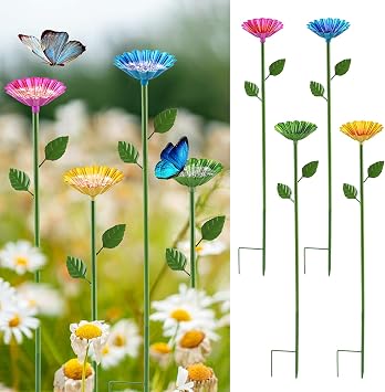 Bee Watering Station, 4 Pack, 24.8inch Metal Flower Butterfly Feeder | Ground Stakes, Colorful, Outdoor Garden Decor, For Yard Patio Lawn Balcony Pots