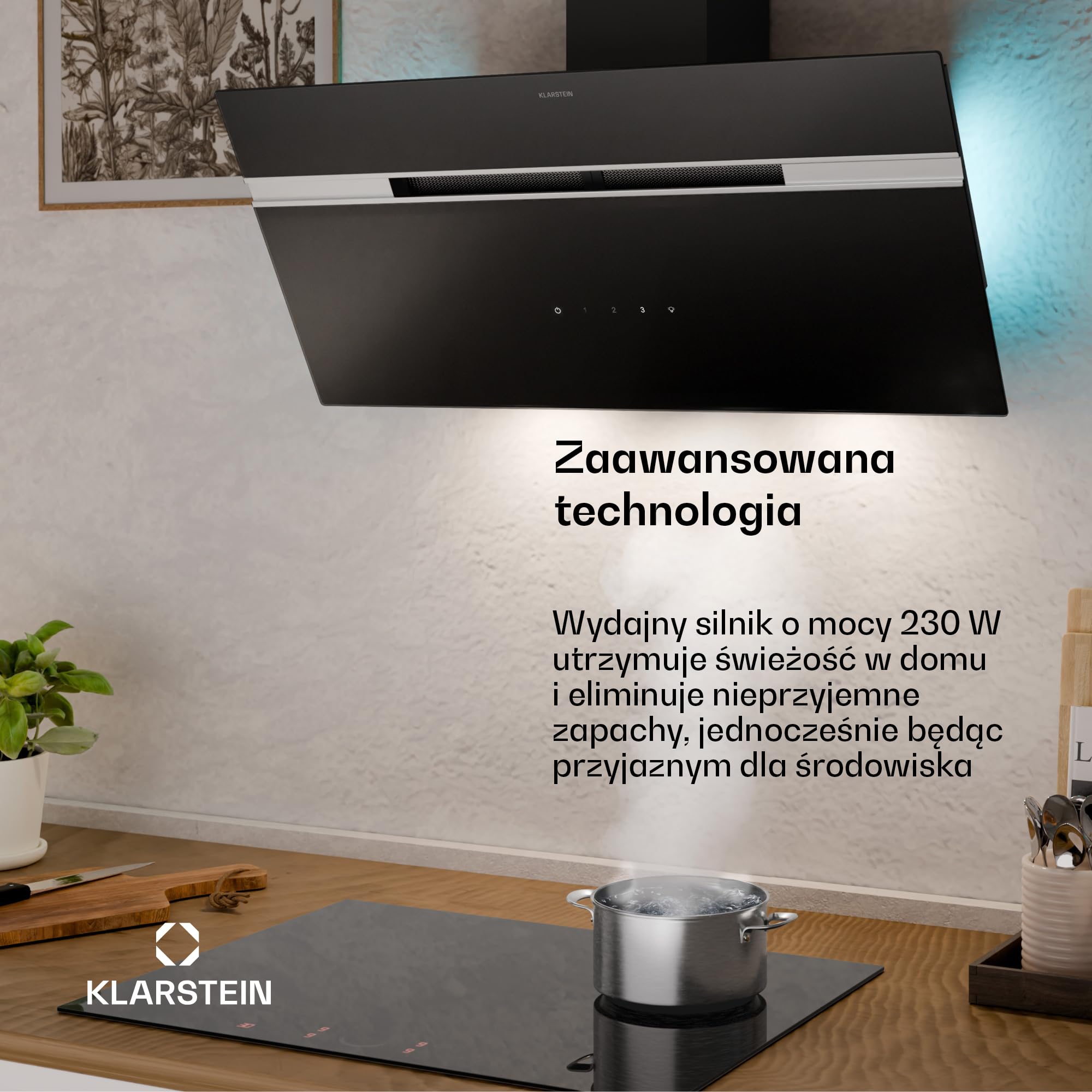 Klarstein Alina Okap kuchenny skośny – 90 cm, przepływ 615 m³/h, panel dotykowy, podświetlenie LED, cichy 63 dB, klasa energetyczna A, czarny