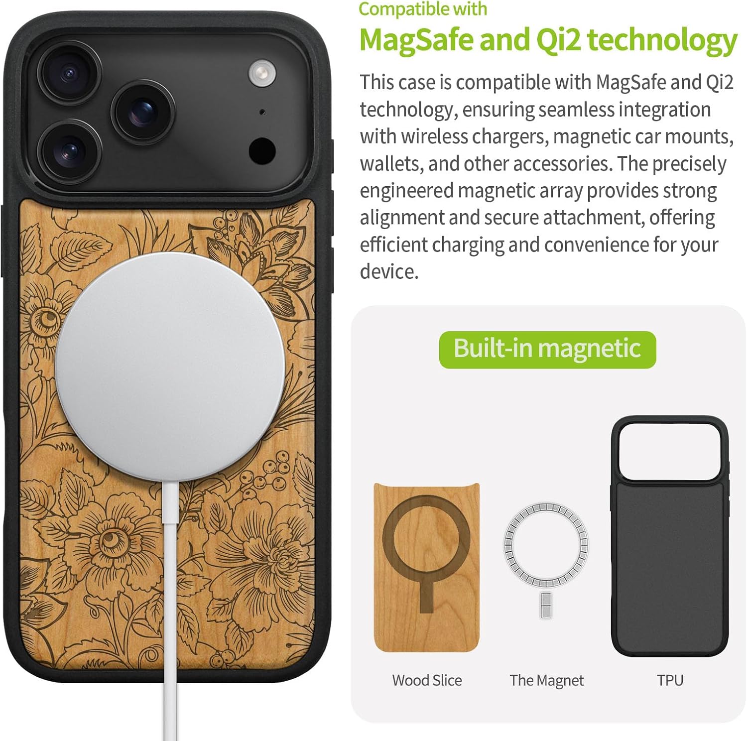 Carveit Magnetic Wooden Case for iPhone 17 Pro Case, Wood Artisan Engraved & Black Soft TPU Shockproof Cover, Compatible with MagSafe Wireless Chargers (Flowers and Leaves) Cherry