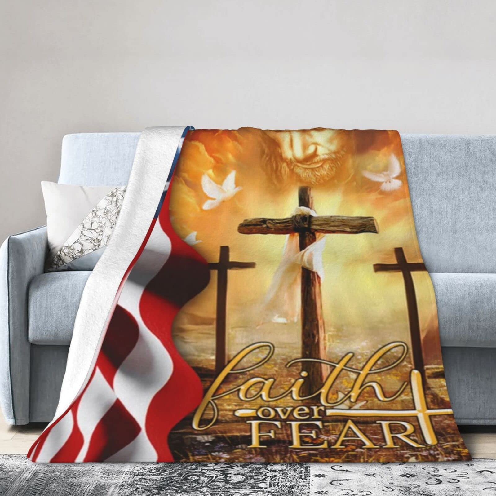 Lsjuee Christmas Flannel Fleece Blanket 50"X40" Jesus Faith Over Fear Bed Throw Blanket Quality Ultra-Soft Travel Winter Blankets for Girls Keep Warm