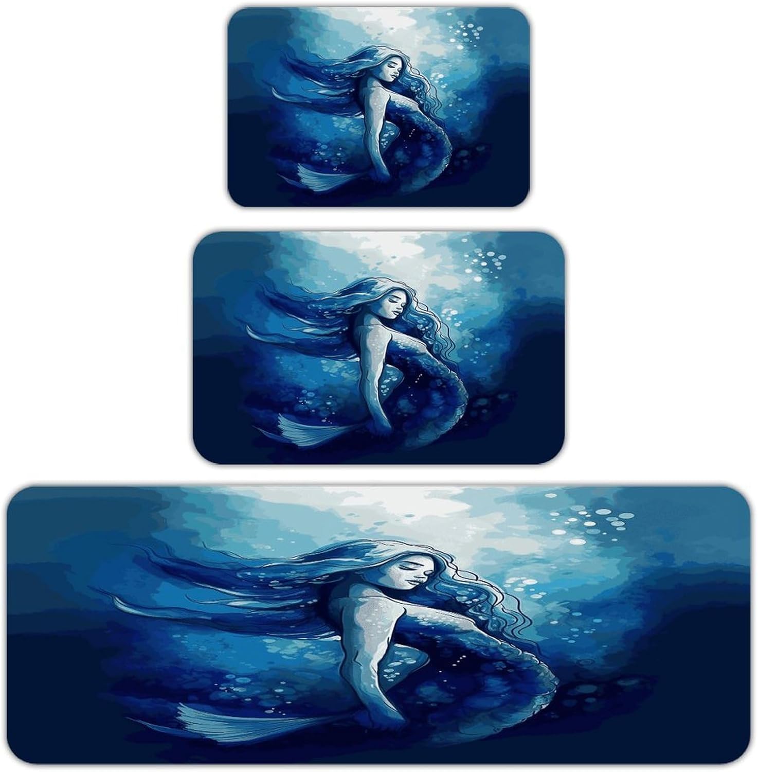 Blue Mermaid 3-Piece Kitchen Rug Indoor Door Mat | Non-Slip Kitchen Mat for Profile Absorbent, Moisture-Wicking and Breathable for Bathroom Laundry Room Bedroom Home Decor