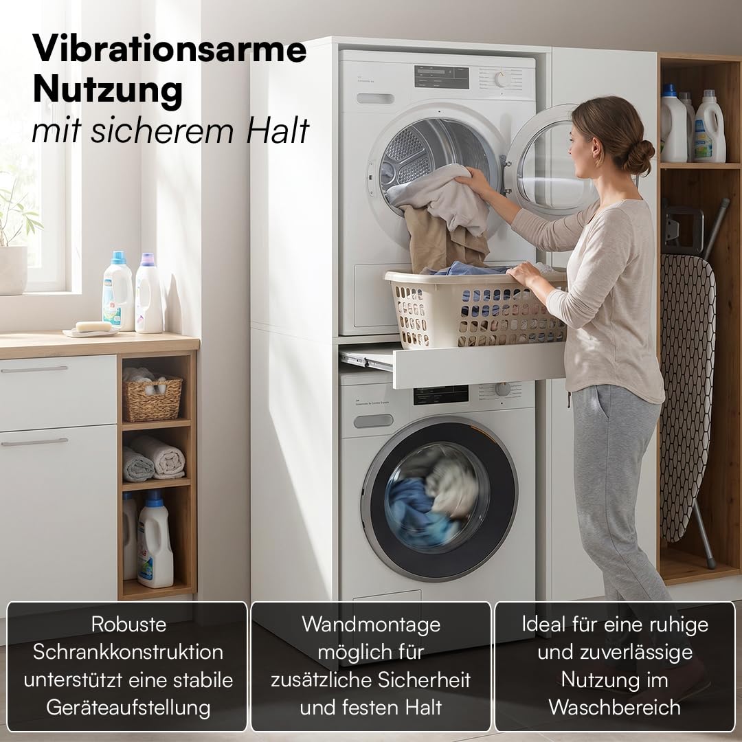 Bellamio Vist Waschmaschine Trockner Schrank – Waschmaschinenschrank mit ausziehbarer Ablagefläche – Waschturm Hochschrank 187x65x66cm mit Wandanschluss – Schrank kompatibel mit Standardgeräten – Weiß