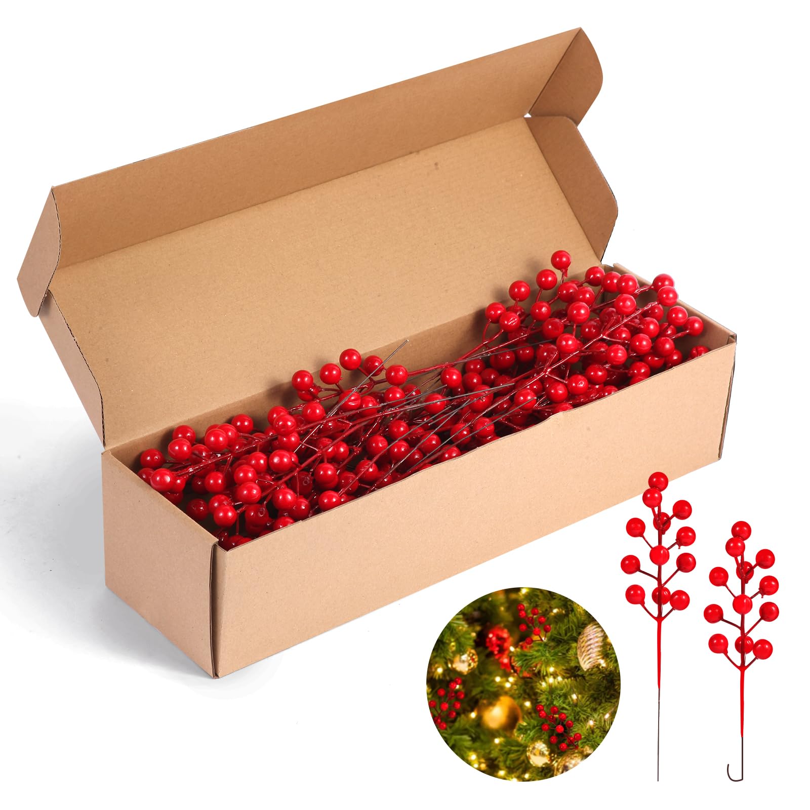 Künstliche rote Beerenstiele für Weihnachten, 20,3 cm, DIY-Weihnachtsbaumschmuck, rote Stechpalmenbeere, Cranberry, Weihnachtsschmuck für Weihnachten, Winter, Urlaub, Basteln, Heimkranz,