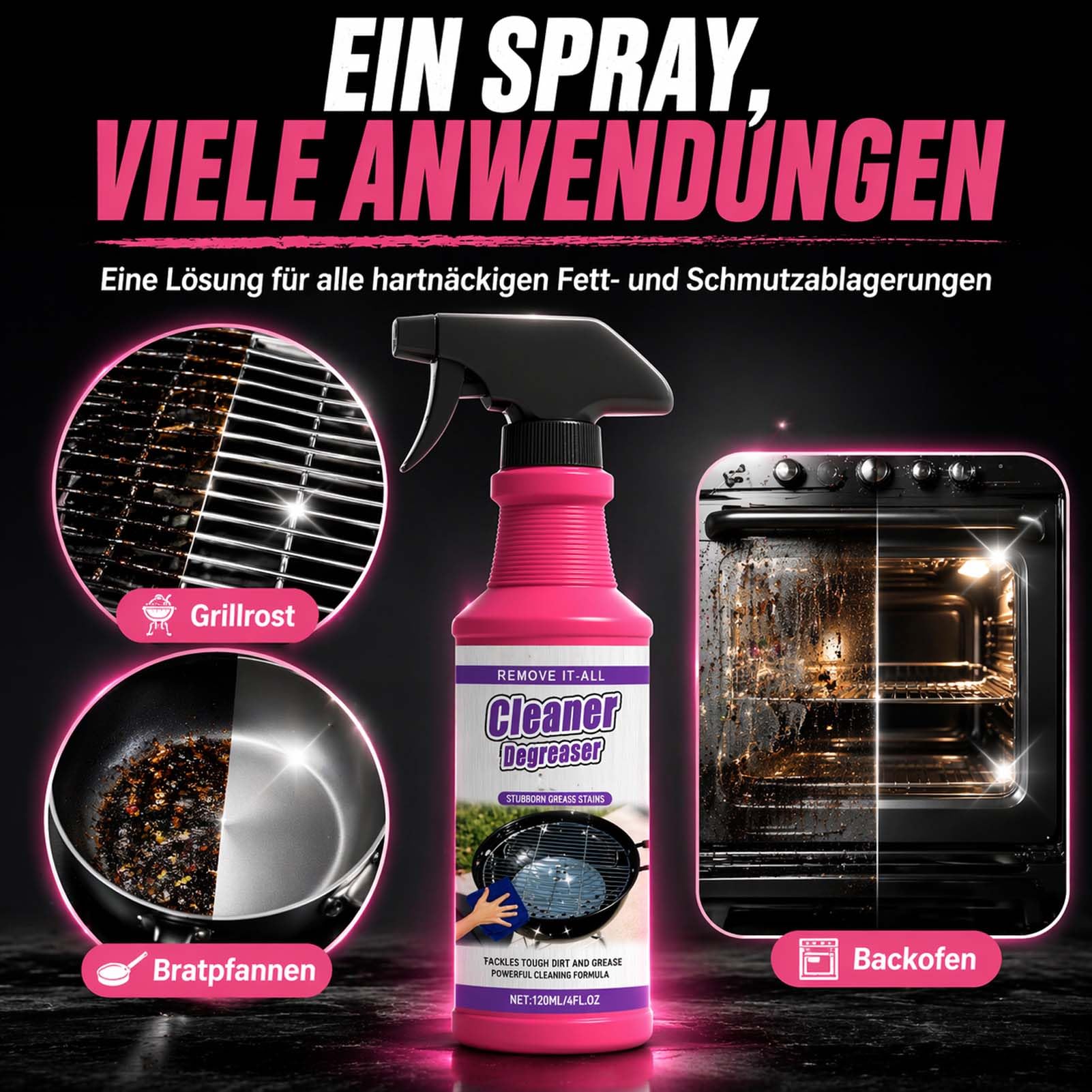 Schnell wirkendes Hochleistungs-Grill-Entfettungsspray– Stark gegen Eingebranntes, Ruß & Fett – Schneller BBQ Reiniger für Grillrost, Backofen & Pfannen – Kraftvolles Reinigungsspray (3 Stück)