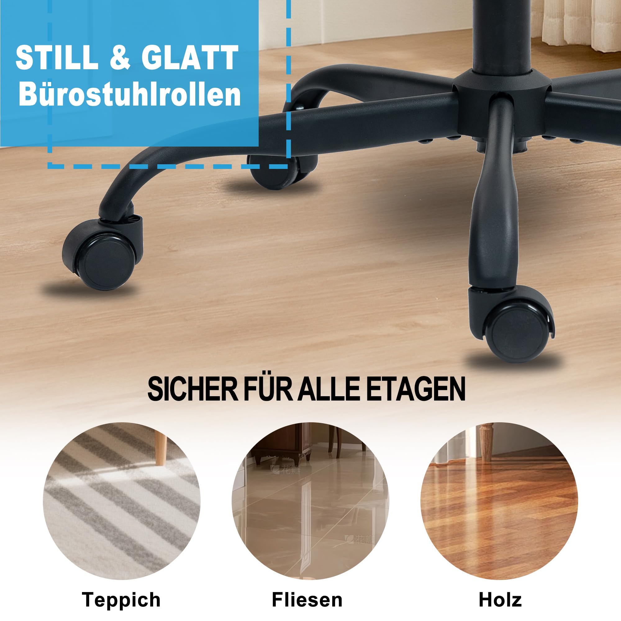 Symino Lote de 5 Ruedas Giratorias 360° para Silla de Oficina - Silenciosas, Sin Rayar Parquet y Suelos - Compatibles con la Mayoría de Sillas - Carga Máx. 300 kg