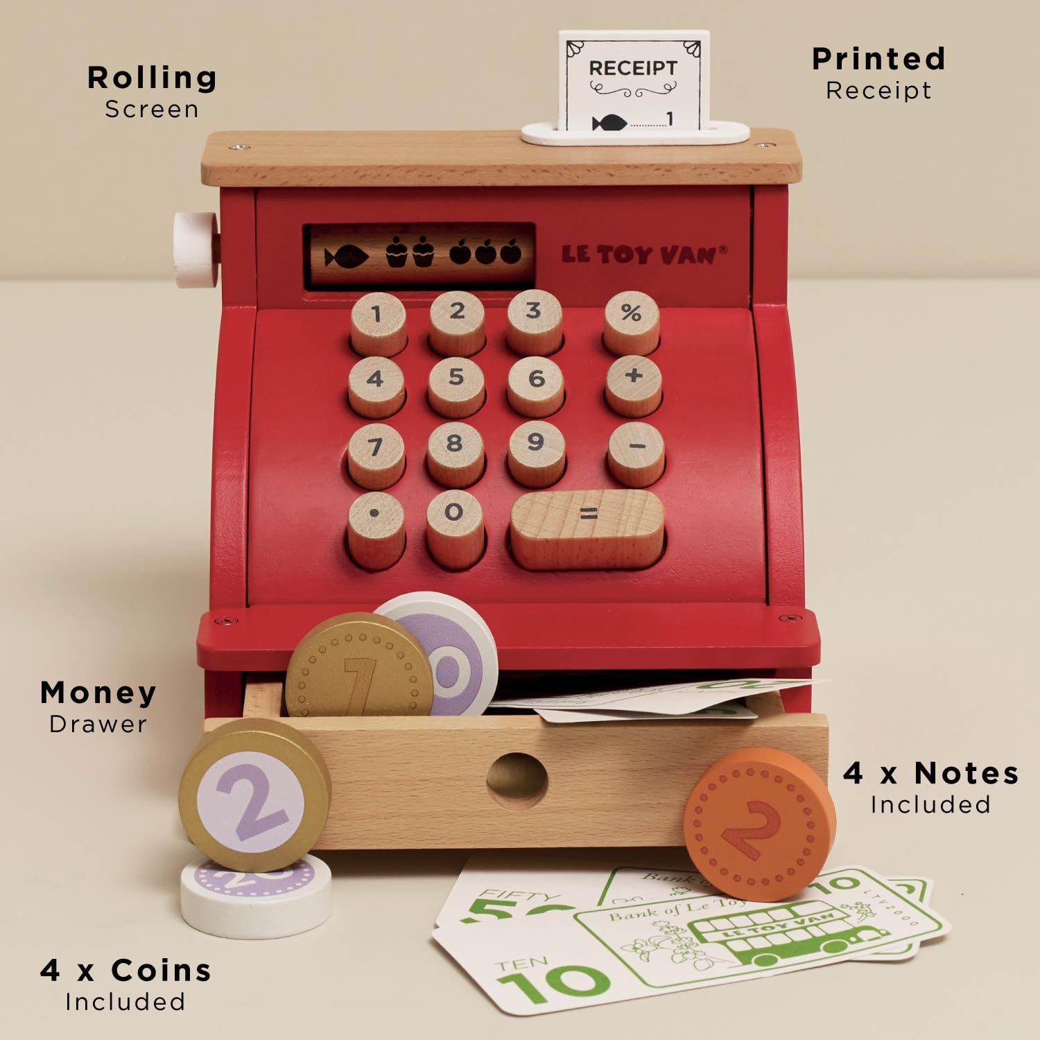 Le Toy Van - Wooden Honeybake Cash Register Role Play Toy With Receipt, Opening Till Drawer And Play Money, Perfect For Supermarket, Food Shop or Cafe Pretend Play