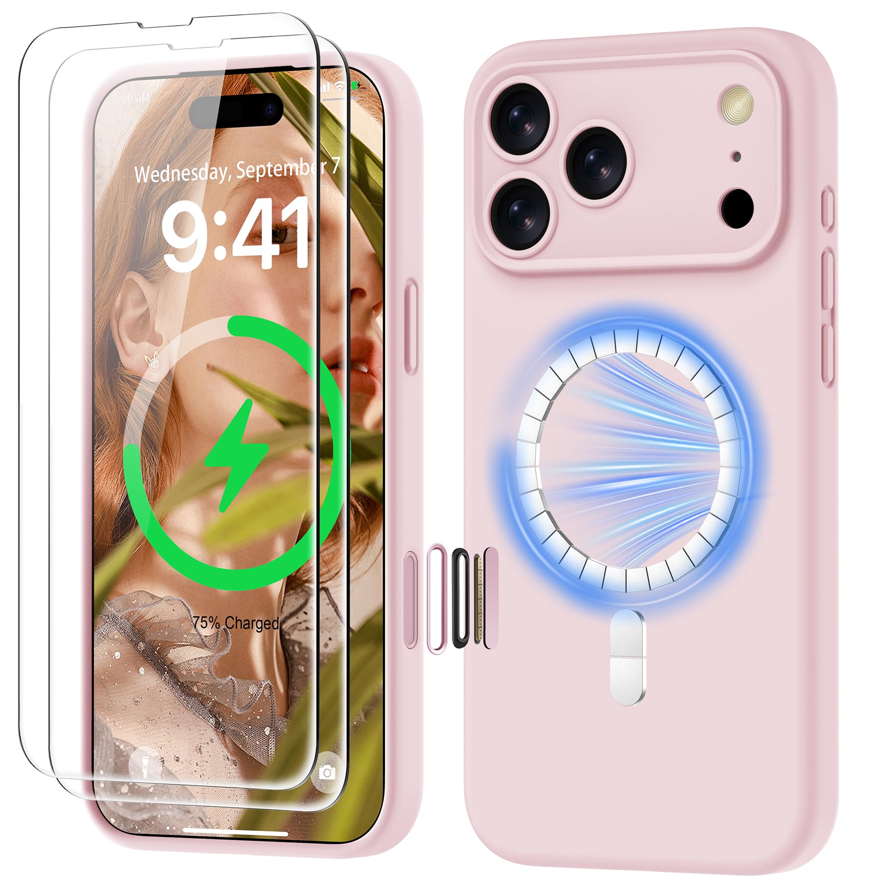 GOODVISH Magnetica Silicone Cover per iPhone 17 Pro Max 6.9", Custodia con 2x Vetro Temperato [Pulsante Controllo Fotocamera] 360° Protezione Anticaduta Case per Antiurto Resistente, Rosa Sabbia
