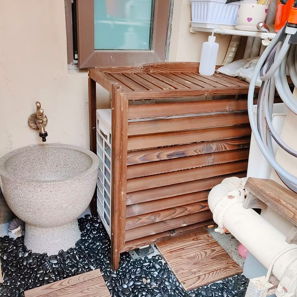Drewniany stojak na klimatyzator zewnętrzny, stojak na rośliny ozdobne, uchwyt na kwiaty, odżywka do ekranu prywatności, stojak na ramę zewnętrzną, doniczka na rośliny (26,8 x 17,7 x 9 cali: