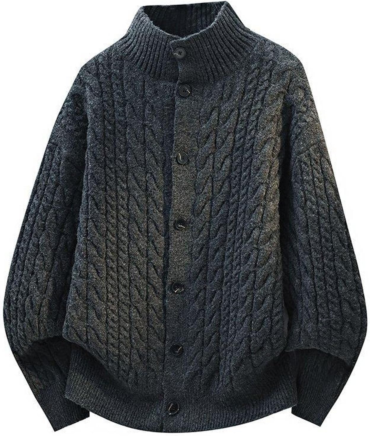 Men's Cable Knit Cardigan Stand Collar Button Front Retro Sweater