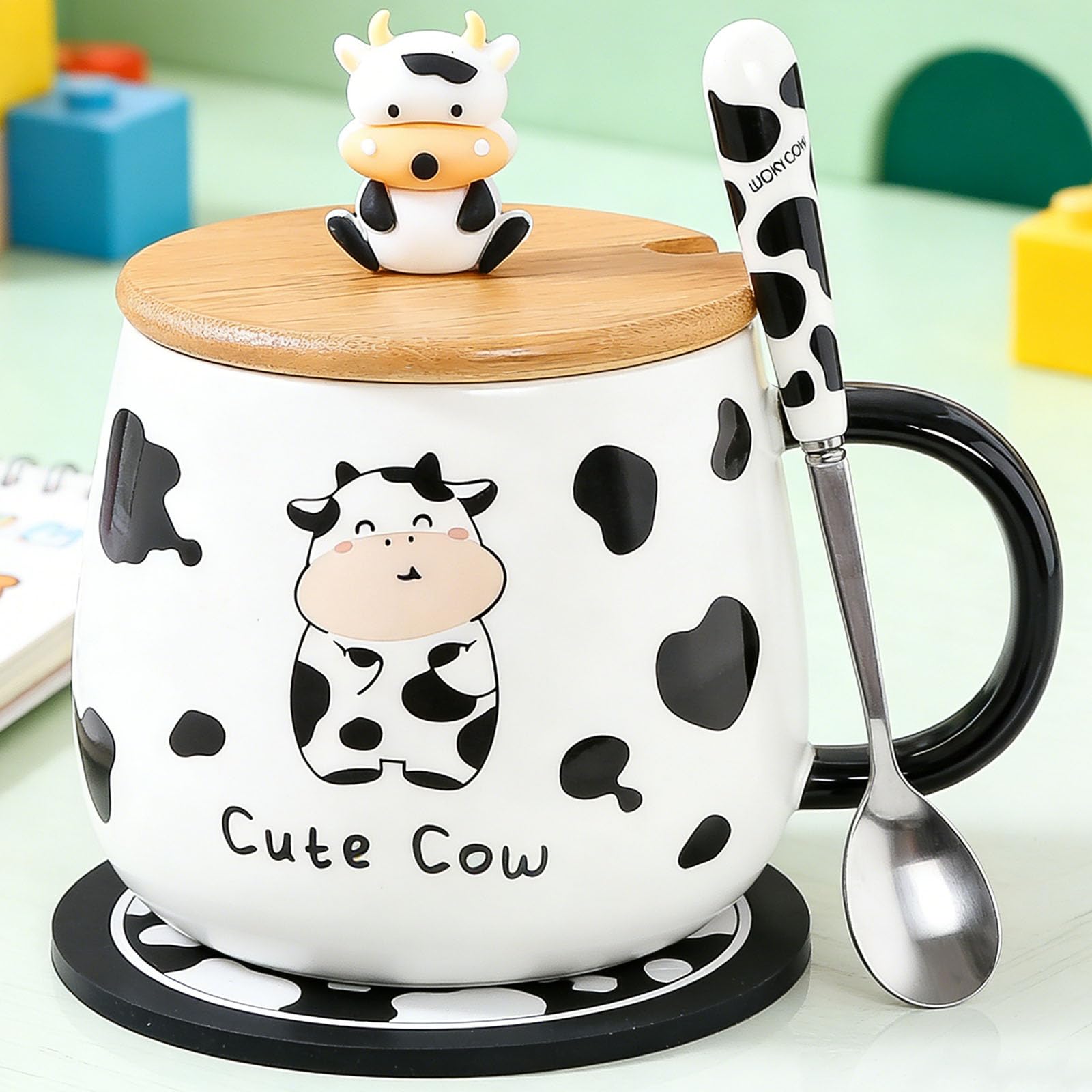 Cute Cow Coffe Mugs Gift with Lid and Spoon Cows Print Stuff Kitchen Decor 400ml Cow Ceramic Tea Coffee Mug Kawaii 3D Animal Cup Birthday Gifts Women Men Girls Animals Lovers