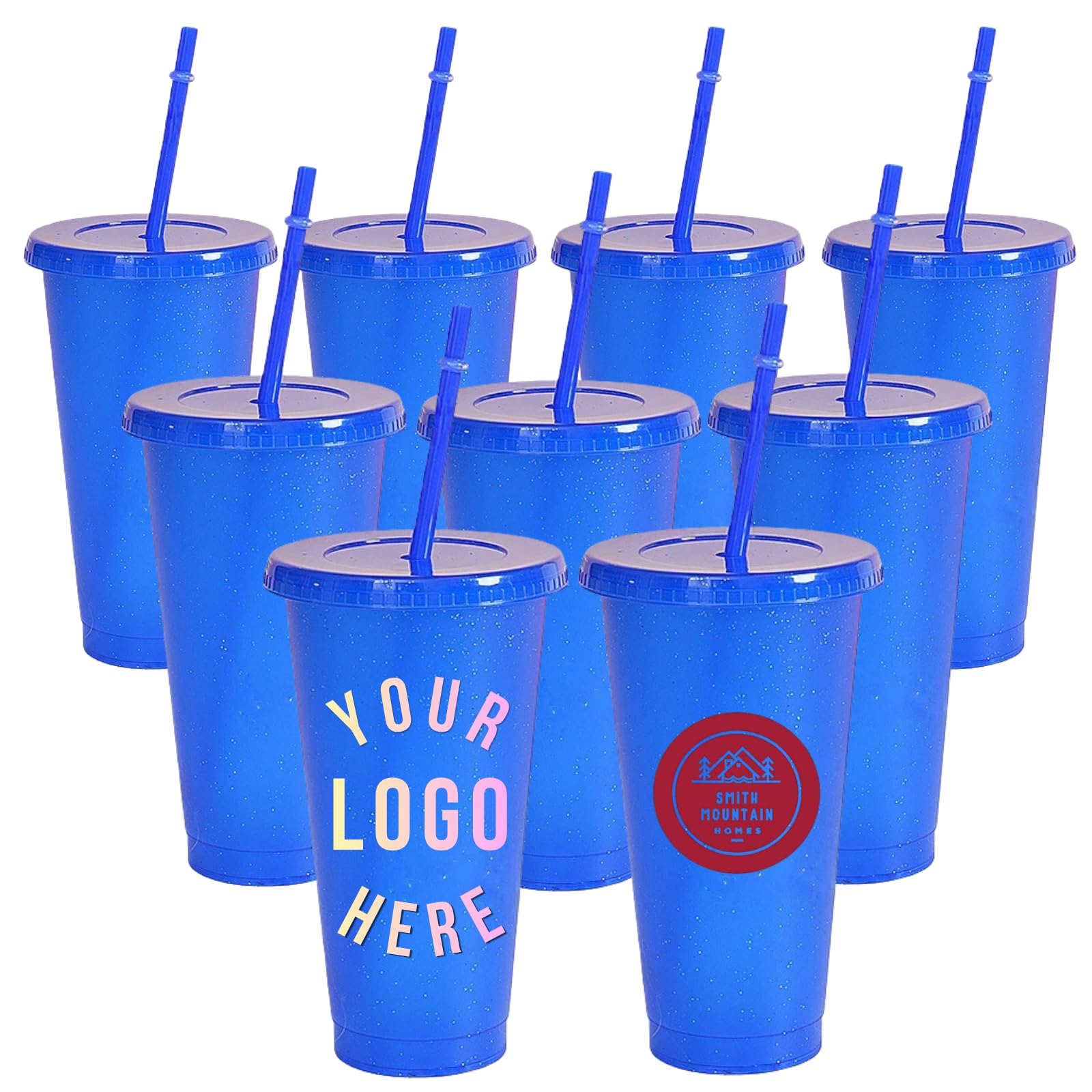 1-100 Pack Personalised Cold Cups with Lid and Straw, 24oz, Custom Business Logo Plastic Mug, Party Decorative Gift for Corporate Event Anniversary Celebration Birthday Wedding Favours (Blue)