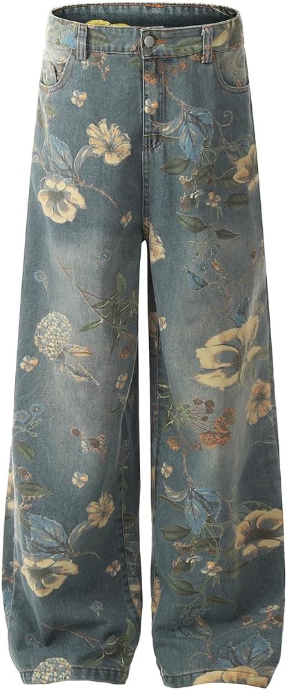 Amazon | [Bukary] 花柄 デニムパンツ ヴィンテージ メンズ バギー