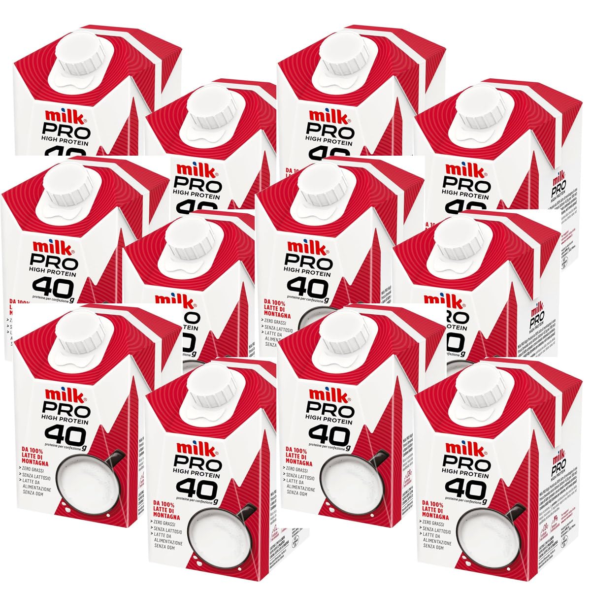 12 Milk Pro Protein Drink 40g di Proteine 12 Pezzi da 500ml Latte di Montagna, Senza Grassi, Senza Lattosio