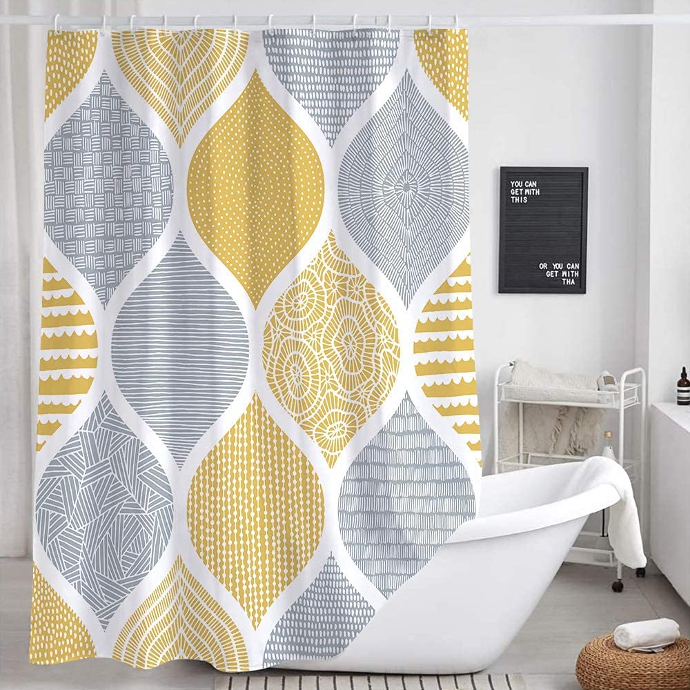 JAWO Bohemia Shower Curtain for Bathroom, Yellow and Grey Bohemian Chic Paisley Fabric Shower Curtains Set, Modern Geometric Pattern Restroom Decor