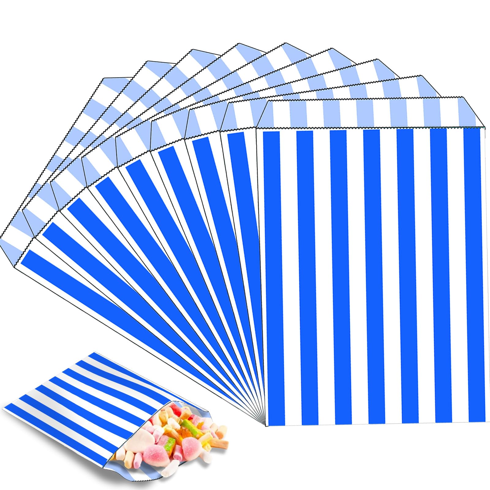 100pk Blue Sweet Bags,Small Striped Candy Bag,5''x7'' Sweetie|Popcorn|Bread|Sandwich|Biscuit Bag,Party Bags for Snacks,Sweets,Cake Gift,Wedding,Birthday Party,Christmas